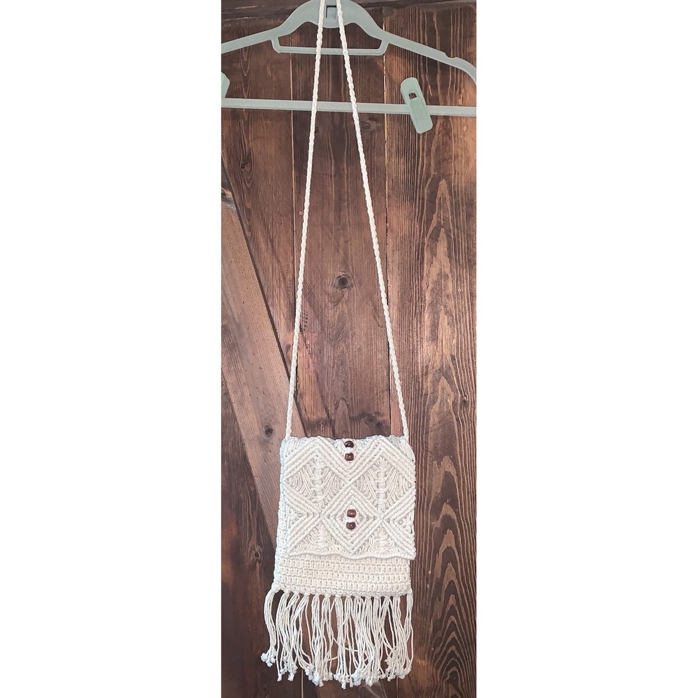 Ivory Macrame Fringed Woven Wood Beads Shoulder Bag Purse Boho Fold Over Flap‎
